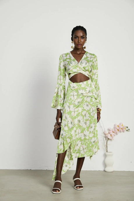 Annetta Floral Midi Dress - Long Sleeves - V - Neckline - Crystal Embellishments - Front Slit