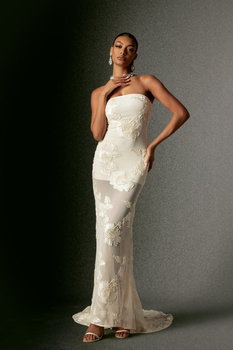 Annetta Ivory Floral Embroidered Strapless Maxi Dress