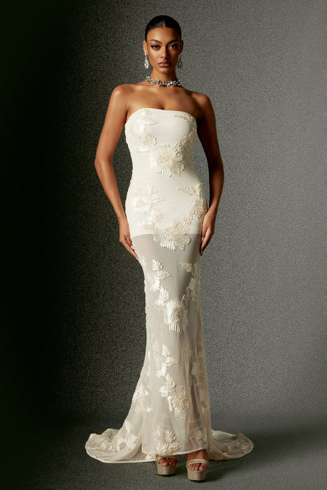 Annetta Ivory Strapless Embroidered Floral Maxi Dress