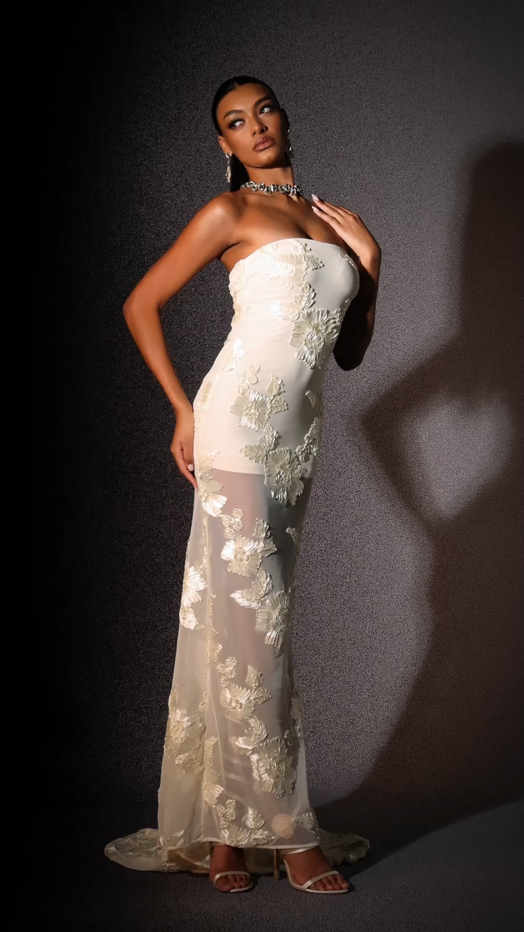 Annetta Ivory Strapless Maxi Dress with Floral Embroidery and Mesh Overlay for Formal Events