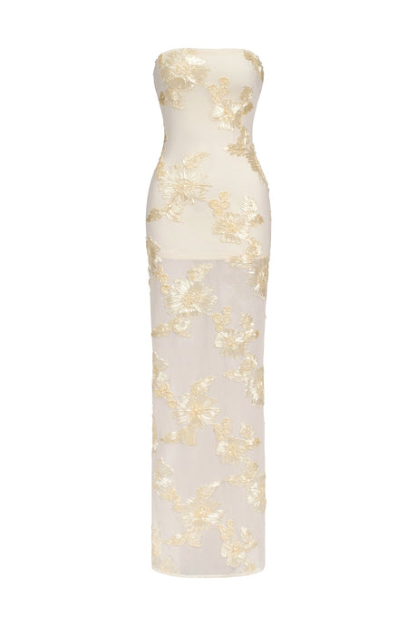 Annetta Ivory Strapless Maxi Dress with Floral Embroidery