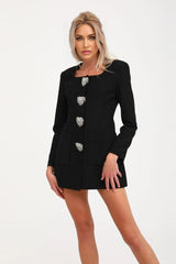 Annetta Mini Dress - Front Button Detailing - Long Sleeves - Square Neck - Press - Stud Fastening