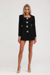 Annetta Mini Dress - Front Button Detailing - Long Sleeves - Square Neck - Press - Stud Fastening