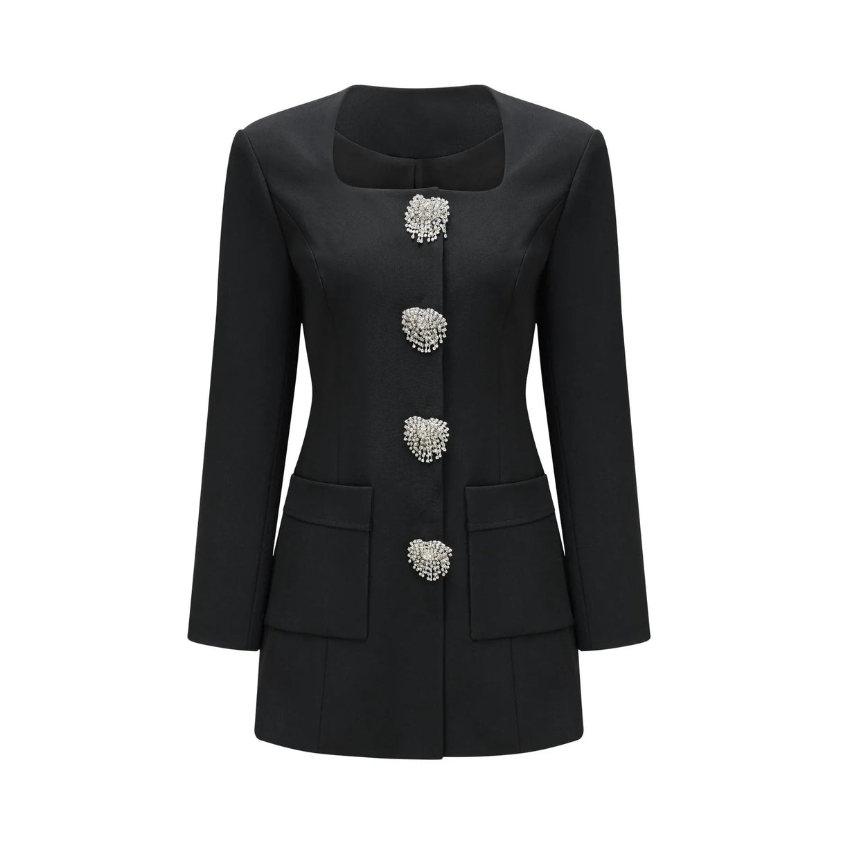 Annetta Mini Dress - Front Button Detailing - Long Sleeves - Square Neck - Press - Stud Fastening