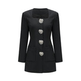 Annetta Mini Dress - Front Button Detailing - Long Sleeves - Square Neck - Press - Stud Fastening