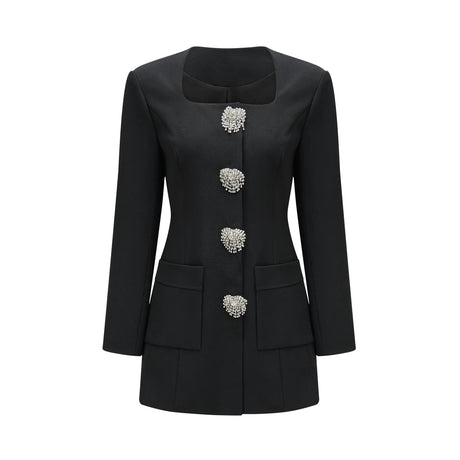 Annetta Mini Dress - Front Button Detailing - Long Sleeves - Square Neck - Press - Stud Fastening