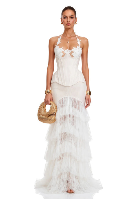Annette White Halterneck Lace Ruffled Maxi Dress
