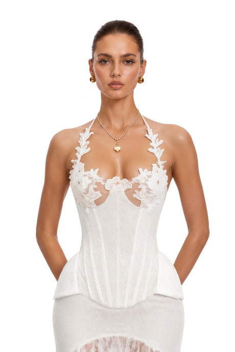 Annette White Halterneck Lace Ruffled Maxi Dress