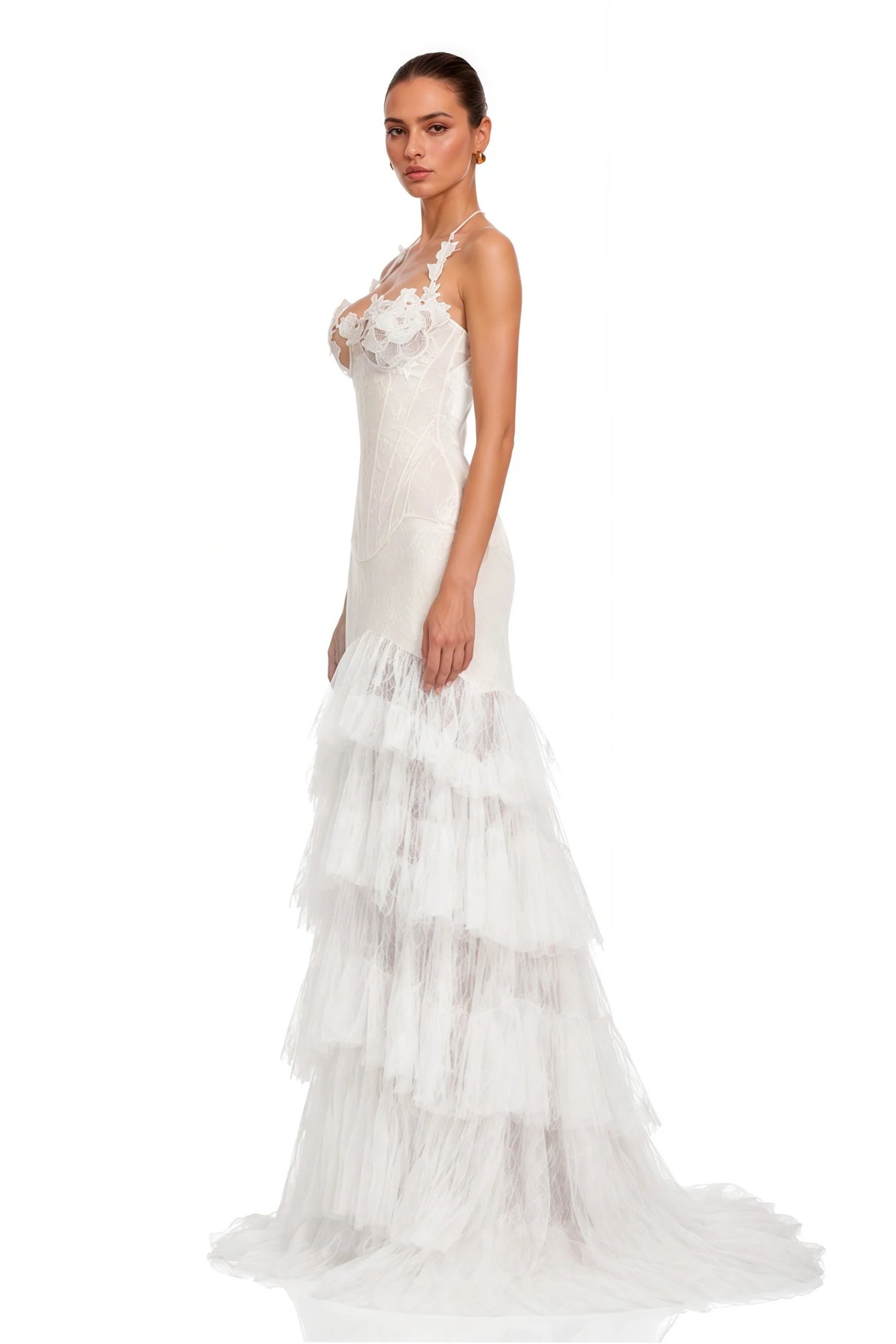 Annette White Halterneck Lace Ruffled Maxi Dress