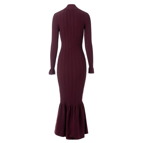 Annie Dress - Fitted Silhouette With Flared Hem - Ribbed Texture With Button Details - Bodycon Fit With Long Sleeves - Vintage - Inspired Chic Style