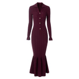 Annie Dress - Fitted Silhouette With Flared Hem - Ribbed Texture With Button Details - Bodycon Fit With Long Sleeves - Vintage - Inspired Chic Style