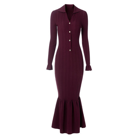 Annie Dress - Fitted Silhouette With Flared Hem - Ribbed Texture With Button Details - Bodycon Fit With Long Sleeves - Vintage - Inspired Chic Style
