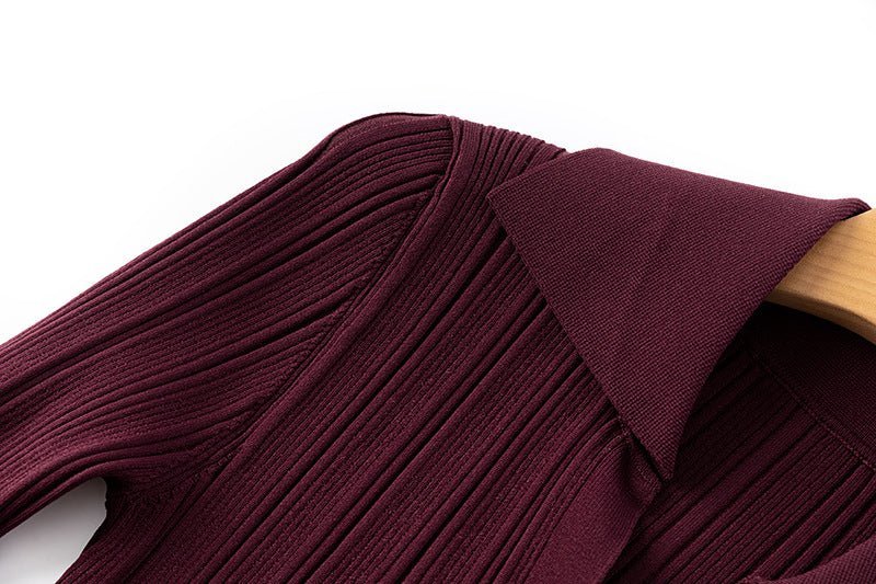 Annie Dress - Fitted Silhouette With Flared Hem - Ribbed Texture With Button Details - Bodycon Fit With Long Sleeves - Vintage - Inspired Chic Style