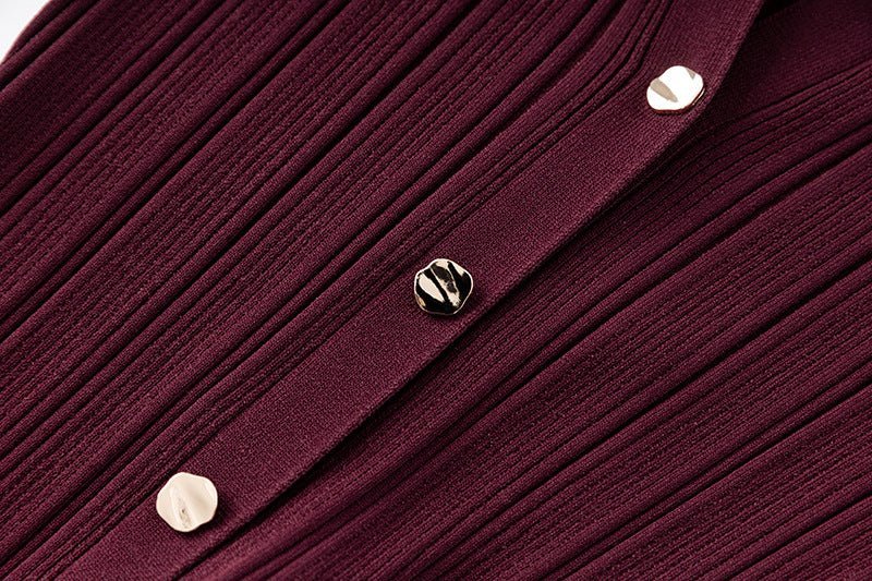 Annie Dress - Fitted Silhouette With Flared Hem - Ribbed Texture With Button Details - Bodycon Fit With Long Sleeves - Vintage - Inspired Chic Style