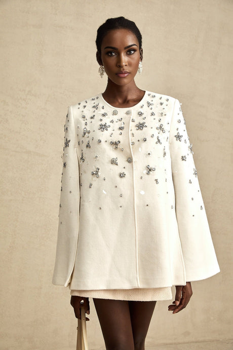 Annie Jacket - Cape Design - Crystal Embellishment - Button Fastening - Straight Hem