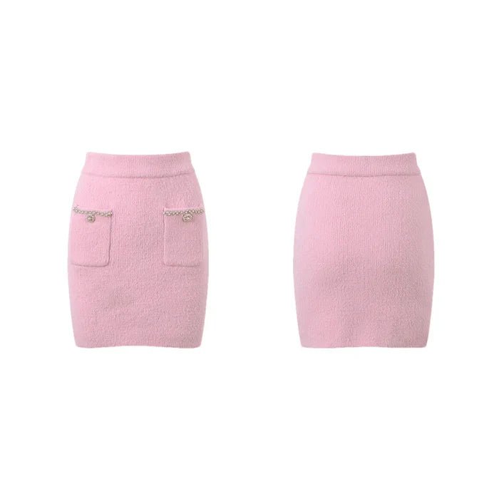 Annie Jacket & Skirt Set - Faux - Pearl Embellishment - Stretch - Jersey Fabric - Front Button Fastening - Two Front Welt Pockets