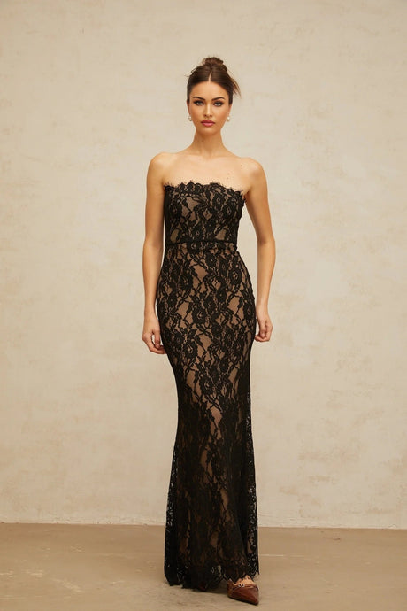 Annie Maxi Dress Black Floral Lace Off - Shoulder Mermaid Hem