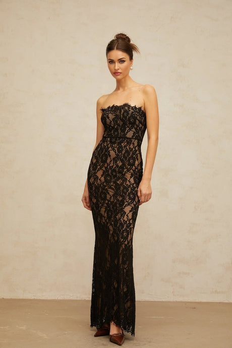 Annie Maxi Dress Black Floral Lace Off - Shoulder Mermaid Hem