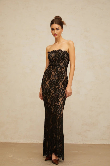 Annie Maxi Dress Black Floral Lace Off - Shoulder Mermaid Hem