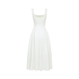 Annie Midi Dress - Square Neck - Sleeveless - Pleat Detailing - Waist Tightened Design - Flared Skirt