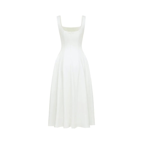 Annie Midi Dress - Square Neck - Sleeveless - Pleat Detailing - Waist Tightened Design - Flared Skirt