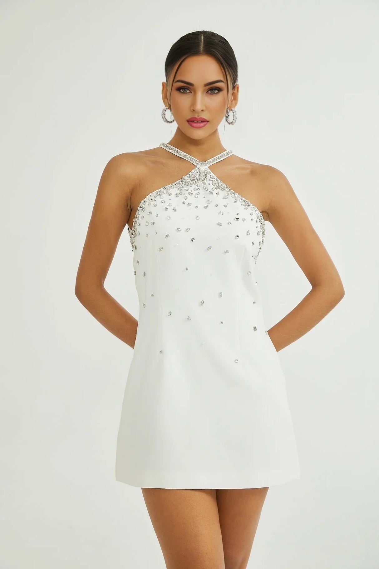 Annie Mini Dress - Choker Design - Sleeveless - Embellished - Rear Zip Fastening