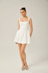 Annie Mini Dress - Sleeveless Square Neck - Wide Shoulder Straps - Pleated Flared Skirt - Rear Zip Fastening