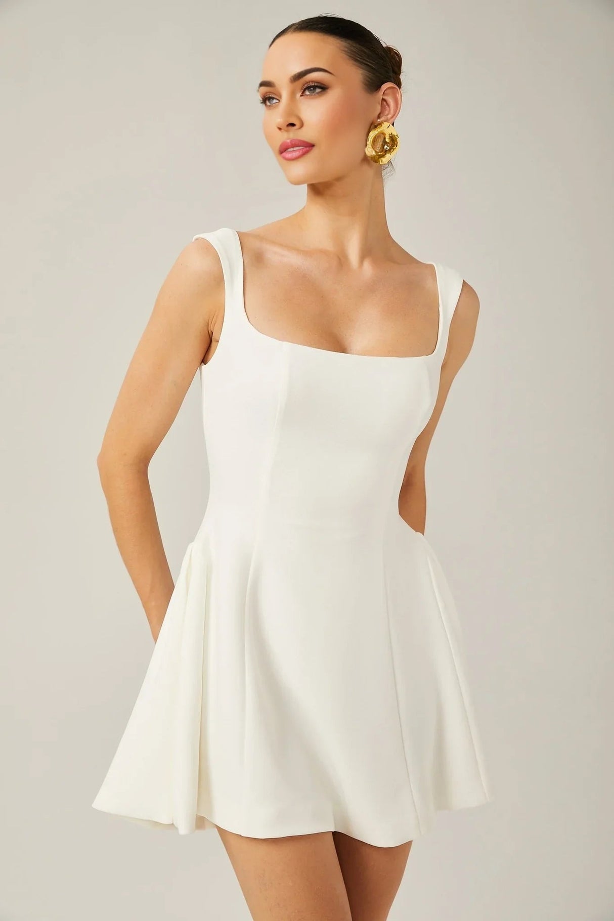 Annie Mini Dress - Sleeveless Square Neck - Wide Shoulder Straps - Pleated Flared Skirt - Rear Zip Fastening