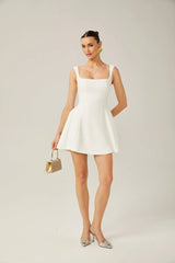Annie Mini Dress - Sleeveless Square Neck - Wide Shoulder Straps - Pleated Flared Skirt - Rear Zip Fastening