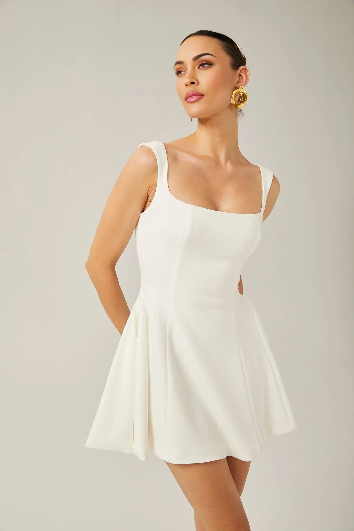 Annie Mini Dress - Sleeveless Square Neck - Wide Shoulder Straps - Pleated Flared Skirt - Rear Zip Fastening