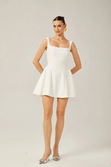 Annie Mini Dress - Sleeveless Square Neck - Wide Shoulder Straps - Pleated Flared Skirt - Rear Zip Fastening