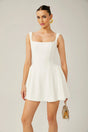 Annie Mini Dress - Sleeveless Square Neck - Wide Shoulder Straps - Pleated Flared Skirt - Rear Zip Fastening