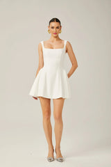 Annie Mini Dress - Sleeveless Square Neck - Wide Shoulder Straps - Pleated Flared Skirt - Rear Zip Fastening