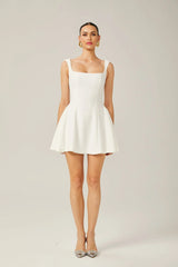 Annie Mini Dress - Sleeveless Square Neck - Wide Shoulder Straps - Pleated Flared Skirt - Rear Zip Fastening