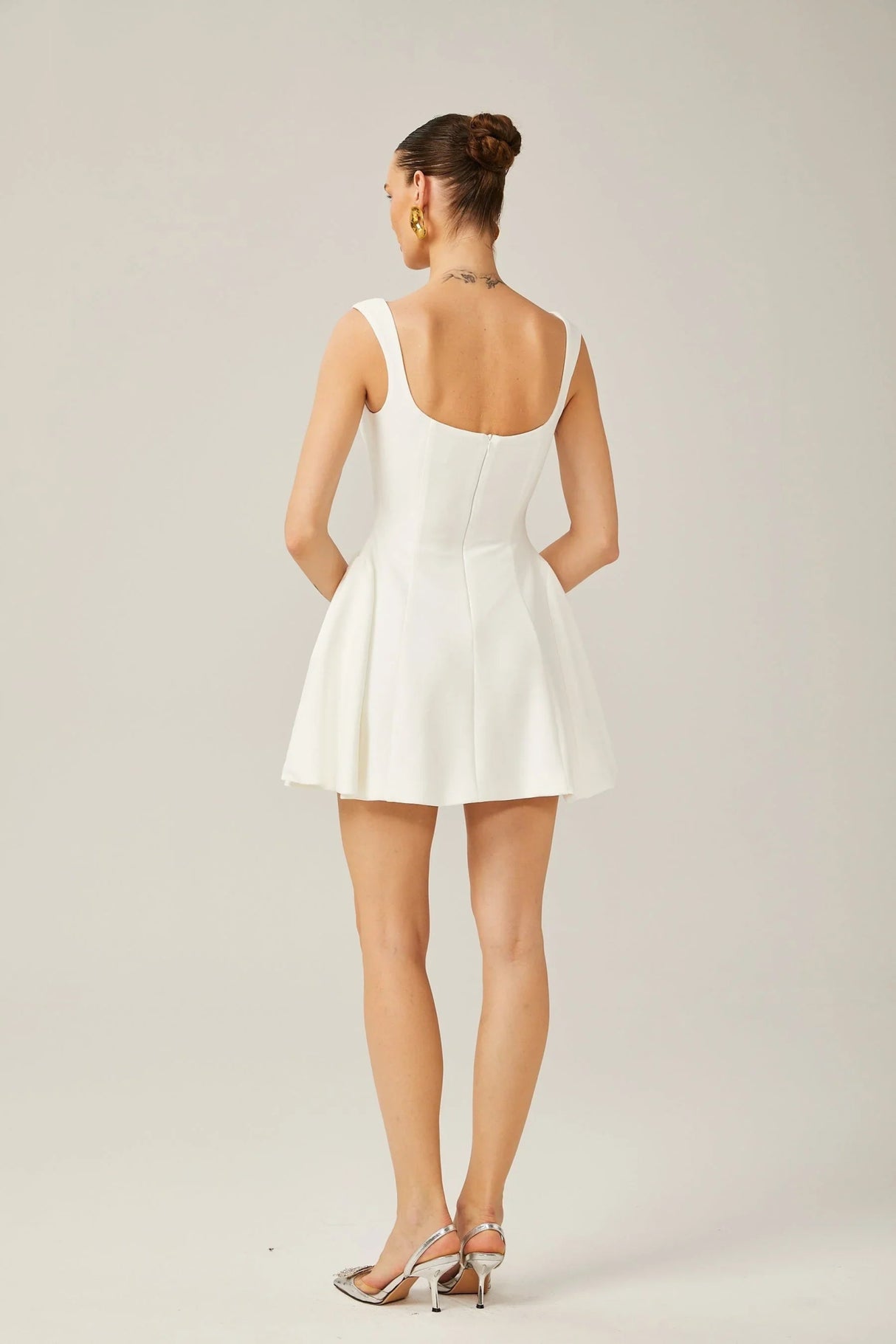 Annie Mini Dress - Sleeveless Square Neck - Wide Shoulder Straps - Pleated Flared Skirt - Rear Zip Fastening