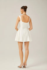 Annie Mini Dress - Sleeveless Square Neck - Wide Shoulder Straps - Pleated Flared Skirt - Rear Zip Fastening