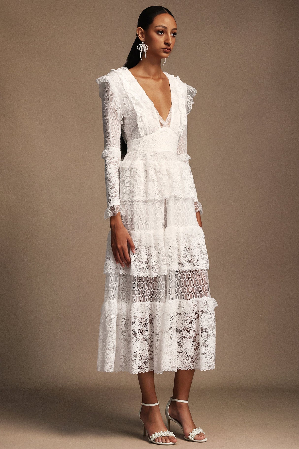 Annie White Lace Layered V-Neck Long Sleeve Midi Dress for Special Occasions