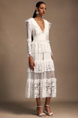 Annie White Lace Layered V-Neck Long Sleeve Midi Dress for Special Occasions