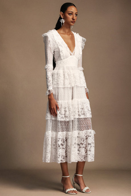 Annie White Lace Layered V-Neck Long Sleeve Midi Dress for Special Occasions