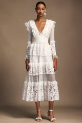 Annie White Lace Layered V-Neckline Long Sleeve Midi Dress