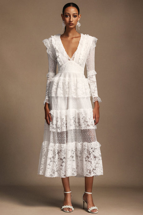Annie White Lace Layered V-Neckline Long Sleeve Midi Dress