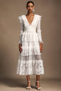 Annie White Lace Layered V-Neckline Long Sleeve Midi Dress