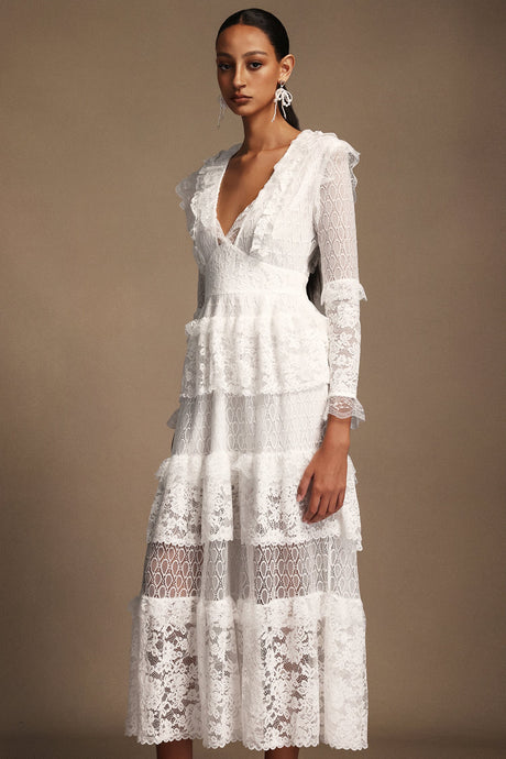 Annie White Lace Layered V-Neckline Long Sleeve Midi Dress for Special Occasions
