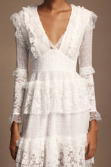 Annie White Lace Layered V-Neckline Long Sleeve Midi Dress
