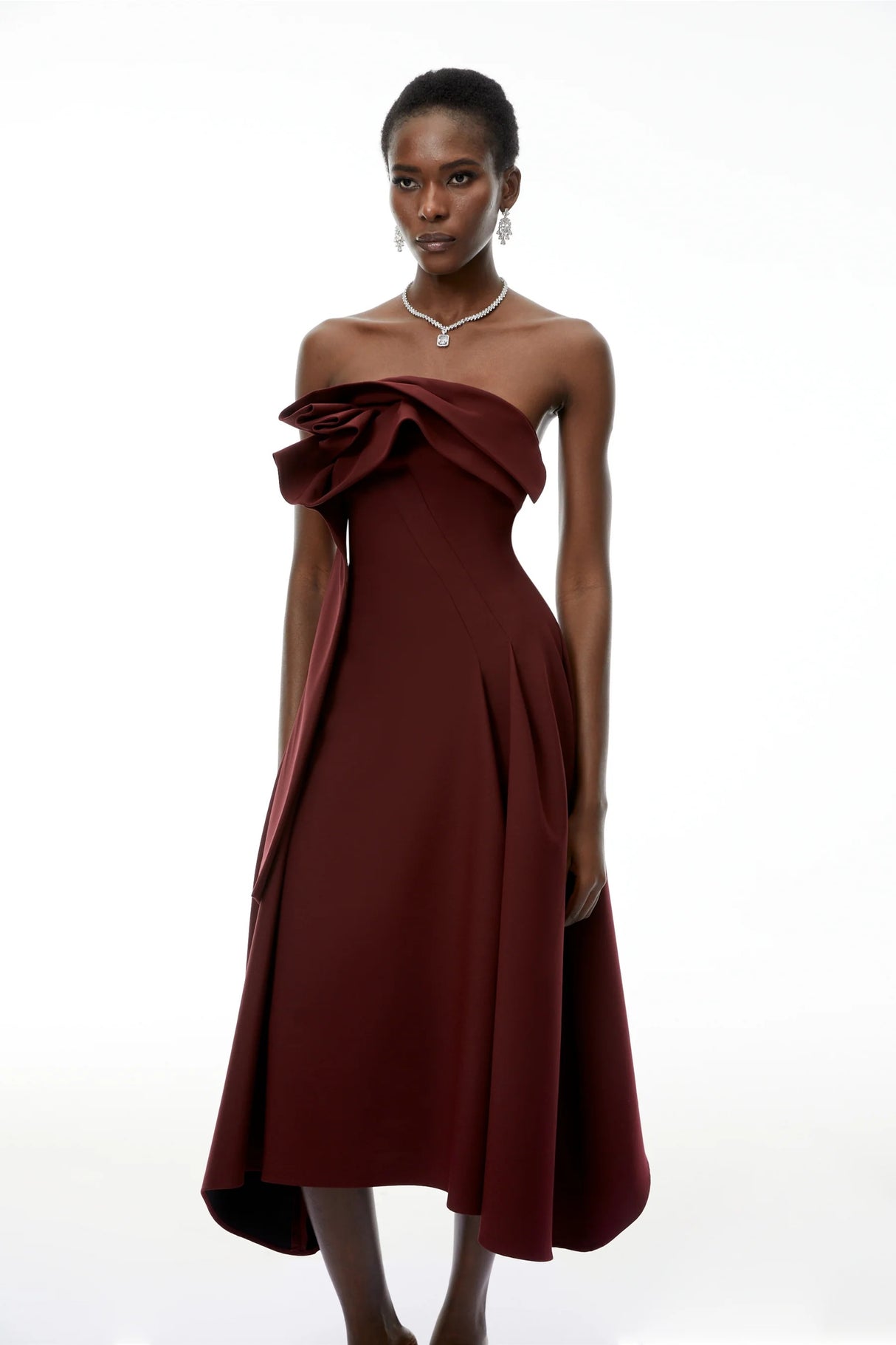 Annika Burgundy 3D Petal Ruched Midi Dress
