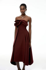 Annika Burgundy 3D Petal Ruched Midi Dress
