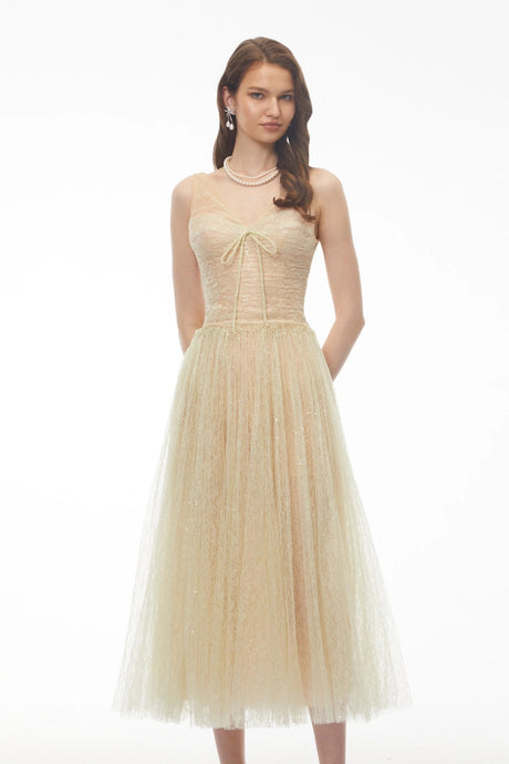 Annika Green Sequin Tulle Maxi Dress with Lace Panels