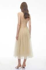 Annika Green Sequin Tulle Maxi Dress with Lace Panels