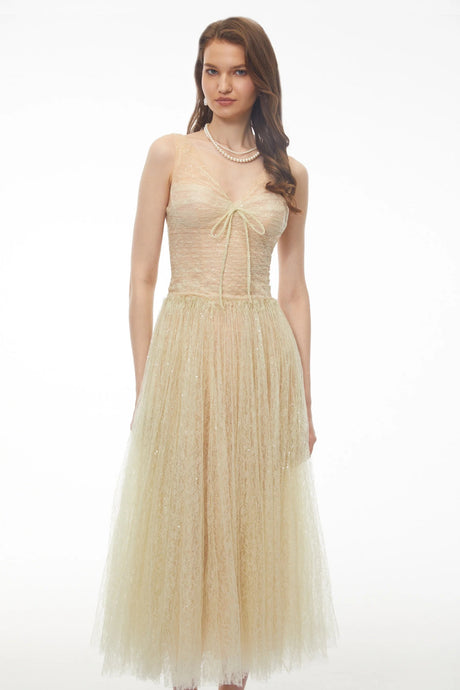 Annika Green Sequin Tulle Maxi Dress with Lace Panels