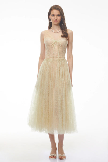 Annika Green Sequin Tulle Maxi Dress with Lace Panels
